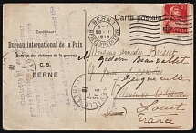 1918 (28 May) World War I, International Peace Bureau (Service to Victims of War), Telegram Postcard from Bern (Switzerland) to Loiret (France) franked with 10c
