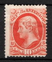1873 10c Jefferson, Official Mail Stamp 'Interior', United States, USA (Scott O19, Vermilion, CV $70)