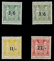 British Commonwealth - New Zealand - Postal Fiscal stamps - 1945, black surcharges 3/6 on 3s6p of types I and II of basic stamps, 11/- on 11s and 22/- on 22s, Multiple Star and NZ watermark, full OG, very light trace of hinge, …