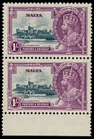 British Commonwealth - Malta - 1935, Silver Jubilee, 1s lilac and slate, bottom sheet margin vertical pair, top stamp with Extra Flagstaff variety (position R9/1), full OG. NH, VF, SG #213, a, C.v. £442 as hinged singles, Scott …