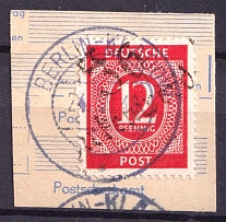 1948 12pf District 36 Potsdam Main Post Office, Emergency Issue on piece, Soviet Russian Zone of Occupation, Germany (Berlin Postmark)