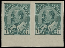 Canada - King Edward VII issues - 1903, 1c green, bottom sheet margin horizontal imperforate pair, no gum as produced, NH, VF, Unitrade C.v. CAD$900, Scott #89a…