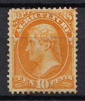 1873 10c Jefferson, Official Mail Stamps 'Agriculture', United States, USA (Scott O5, Yellow, Signed, CV $530)