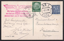 Postcard mailed to ASCH on 1938 (Oct 5). Postage complementary to MUNICH of Oct 7. Red eagle. Occupation of Sudetenland, Germany