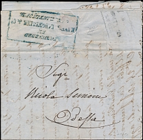 Imperial Russia - Incoming Disinfected mailings - 1847, stampless entire letter from Marseilles to Odessa via Constantinople, forwarding Agent's cachet in blue, a part of black boxed marking 