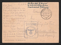 1942 (27 Mar) Germany, Field Post postcard from Breastedt (Schleswig) with big blue rare field mail handstamp