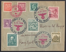 1938 (Oct 3) Letters franked with Czechoslovak stamps and obliterated by the German stamps of the Day of the Liberation of TETSCHEN . Addressed to the post office of LUXEMBOURG - Main. Occupation of Sudetenland, Germany