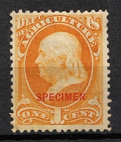 1875 1c Franklin, Special Printing 'Specimen' on Official Mail Stamp 'Agriculture', United States, USA (Scott O1S, Yellow, Carmine Overprint, CV $30)