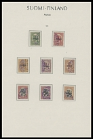 Olonets (Aunus) - 1919, black overprint ''Aunus'' on Finnish Coat of Arms stamps, 5p-10m, complete set of eight, each one with a part of violet ''SAAMAJARVEN - POSTITOIMISTU. 30.VIII.1919'' date stamp, arranged on page from a …
