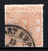 1872 2kr Wurttemberg, German States, Germany (Mi. 37, Canceled, CV $220)