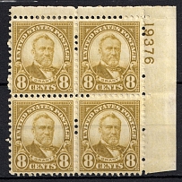 1922 8c Grant, Regular Issue, United States, USA, Corner Block of Four (Scott 560, Plate Number '19376', CV $160, MNH/MH)