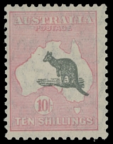 British Commonwealth - Australia - 1932, Kangaroo, 10s pink and gray, perforation 12, watermark Multiple Small Crown and C of A, full OG, VLH, fine, C.v. $400, SG #136, C.v. £450, Scott #127…