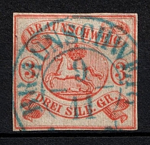 1852 3sgr Braunschweig, German States, Germany (Mi. 3, Signed, Canceled, CV $420)