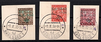1938 Occupation of Karlsbad, Sudetenland, Germany (Mi. 2, 3 A, 5, Karlsbad Postmark, CV $70)