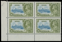 British Commonwealth - Malta - 1935, Silver Jubilee, 6p olive green and light blue, bottom left corner sheet margin block of four, top left stamp with Extra Flagstaff variety (position R. 9/1), full OG, NH, VF, SG #212, a, C.v. …