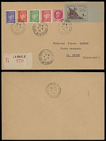German Occupation of the World War II - France - Saint Nazaire - 1945 (May 8 - Victory Day), Galley 2fr lilac brown, right sheet margin imperforate single used together with 5 French definitives on registered cover in La Baule, …