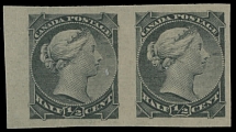 Canada - Small Queen issue - 1882, ½c black, left margin horizontal imperforate pair with nice margins at other sides, large part of OG, previously hinged, VF, C.v. $600, Unitrade C.v. CAD$800, Scott #34a…