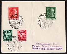 1938 Third Reich, Germany, Cover Braunau am Inn - Nuremberg (Mi. 660 - 661, 664, 672, Full Sets, Special Cancellation)