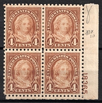 1925 4c M. Washington, Regular Issue, United States, USA, Corner Block of Four (Scott 585, Perf 10, Plate Number '18365', CV $80)