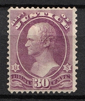 1873 30c Washington, Official Mail Stamp 'Justice', United States, USA (Scott O33, Purple, CV $1,300)