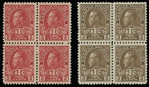Canada - War Tax stamps - 1916, King George V, ''1Tc'' inscription, 2c+1c rose red and 2c+1c brown, two blocks of four, nicely centered with bright colors, full OG, NH, VF, C.v. $960++, Unitrade C.v. CAD$1,380 as singles, Scott …