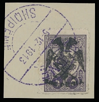 Albania - 1913, handstamped double-headed eagle on 5pi dark violet, cancelled on a piece by Vlone ds, mostly VF and scarce, several experts' hs and signs on reverse, C.v. $1,500, Scott #10…