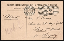 1914 (9 Jun) International Committee of the Red Cross, International Prisoners of War Agency, Field Post Feldpost Postcard from Geneva (Switzerland) to Longwy (France)