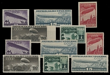 Russian Air Post Stamps and Covers - 1931-32, Airships, 10k-1r, imperforate and perforated (L12½) complete sets of five, in addition 15k engraved stamp with perforation 12½, full OG, NH, mostly VF, C.v. $700, Scott #C15-19, C20-25…