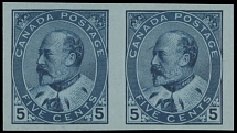 Canada - King Edward VII issues - 1903, 5c blue on bluish paper, horizontal imperforate pair, nice margins all around, no gum as issued, NH, VF, C.v. CAD$1.500, Scott #91a…
