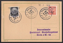 1938 (Oct 19) Postcard with mixed postage. Temporary round postmark PARCHEN without date. Addressed to BERLIN. Occupation of Sudetenland, Germany