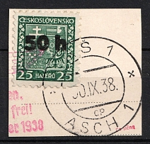 1938 50h on 25h on piece Occupation of Asch, Sudetenland, Germany (Mi. 1, Canceled, CV $30)