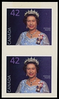 Canada - Modern Errors and Varieties - 1991, Queen Elizabeth II, 42c multicolored with background in purple, four-side margins vertical imperforate pair, full OG, NH, VF, C.v. $575, Unitrade C.v. CAD$1,000, Scott #1357b…