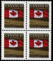 Canada - Modern Errors and Varieties - 1992, Flag over the Field, 43c multicolored, double impression of red and gray lilac colors, block of four, full OG, NH, VF, Unitrade #1359ii, Est. $400-$500, Scott #1359 var…