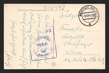 1941 (9 Oct) Germany, Field Post postcard from Neustadt in Holstein to Vienna with big violet rare square field mail handstamp