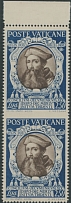 Vatican City - 1946, Cardinal Pole, 2.50L dark blue and brown, top sheet margin vertical pair, imperforate between stamps, full OG, NH, VF, Sassone #117i, €1,000, Scott #117 var…