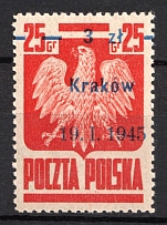 1945 3zl on 25gr Republic of Poland (Fi. 350, 'Krakow', SHIFTED Overprint to One Side)