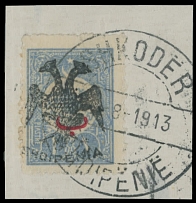 Albania - 1913, handstamped double-headed eagle on 1pi blue bearing additional red overprint, tied on a piece by Shkoder ds, mostly VF and rare, expertized by G. Freyse, C.v. $1,750, Scott #15…