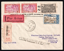1931 French Guiana, First Flight, Registered Airmail cover, Cayenne - New York - Brest (France), franked by Mi. 65, 124, 2x 148