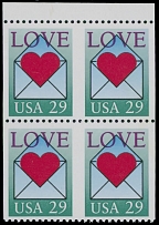 United States - Modern Errors and Varieties - 1992, Love, 29c multicolored, top sheet margin block of four, imperforate vertically, full OG, NH, VF, C.v. $600 as two pairs, Scott #2618a…