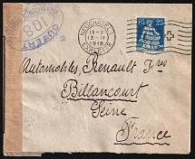 1918 (13 Nov) World War I Military Censored Cover from Neuchatel (Switzerland) to Boulogne-Billancourt (France) franked 25c