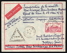 1935 France, First Flight Paris - Madrid, Airmail cover, Paris - Bordeaux, franked by Mi. 286
