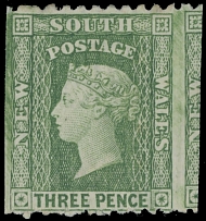 British Commonwealth - Australian State - New South Wales - 1881-92, Queen Victoria, 3p yellow green, engraved printing, watermark Large Crown and NSW, a single imperforate vertically with horizontal perforation 10, a part of …