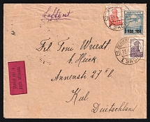 1926 (11 Jun) USSR Leningrad - Moscow - Konigsberg - Berlin - Kiel, Airmail cover flight Moscow - Berlin (Red Petrograd Airmail label, Muller 24, CV $1,000)