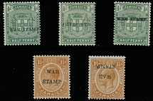 British Commonwealth - Jamaica - War Tax stamps - GROUP OF ERRORS: 1916-17, 3 stamps with black line ''War Tax'' overprint on ½p green, no stop, inverted or doubled, 2 stamps with two-line large overprint on 1½p orange, no stop …