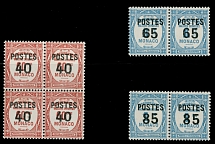 Monaco - 1937-38, surcharges on Postage Due stamps, block of four 40(c)/60c and two horizontal pairs 65(c)/1f and 85 (c)/1f, small ''0'', wide ''6'' and spaced denomination varieties with normal stamps, full OG, NH, VF, Dallay …