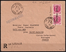 1945 (7 Mar) St. Nazaire, France, German Occupation of France, Recommended Registered Cover from La Turballe to Loire-Inferieure