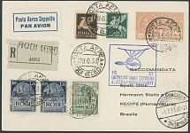 Worldwide Air Post Stamps and Postal History - Italy - Aegean Islands (Rhodes) - Zeppelin Flights - 1933 (July 1-4), 3rd SAF registered mixed franking postcard to Brazil, franked by three Rhodes values and uprated by three …