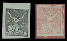 The One Man Collection of Czechoslovakia - Chain-Breaker (Freedom) issue - 1920, two enlarged format essays of 25h in gray or red, size 22.5x27mm and 22x26mm instead of 18x21mm, date 19-25/XI-18 instead of denomination, full OG, …