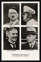 'Adolf Hitler, Benito Mussolini, Neville Chamberlain, Edouard Daladier, Munich Meeting', Third Reich Propaganda, Nazi Germany, Postcard, Berlin-Schoneberg