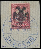 Albania - 1913, handstamped double-headed eagle on 20pa carmine rose, tied on a piece by Vlone ds, mainly VF, expertized by G. Freyse and others, C.v. $250, Scott #6…